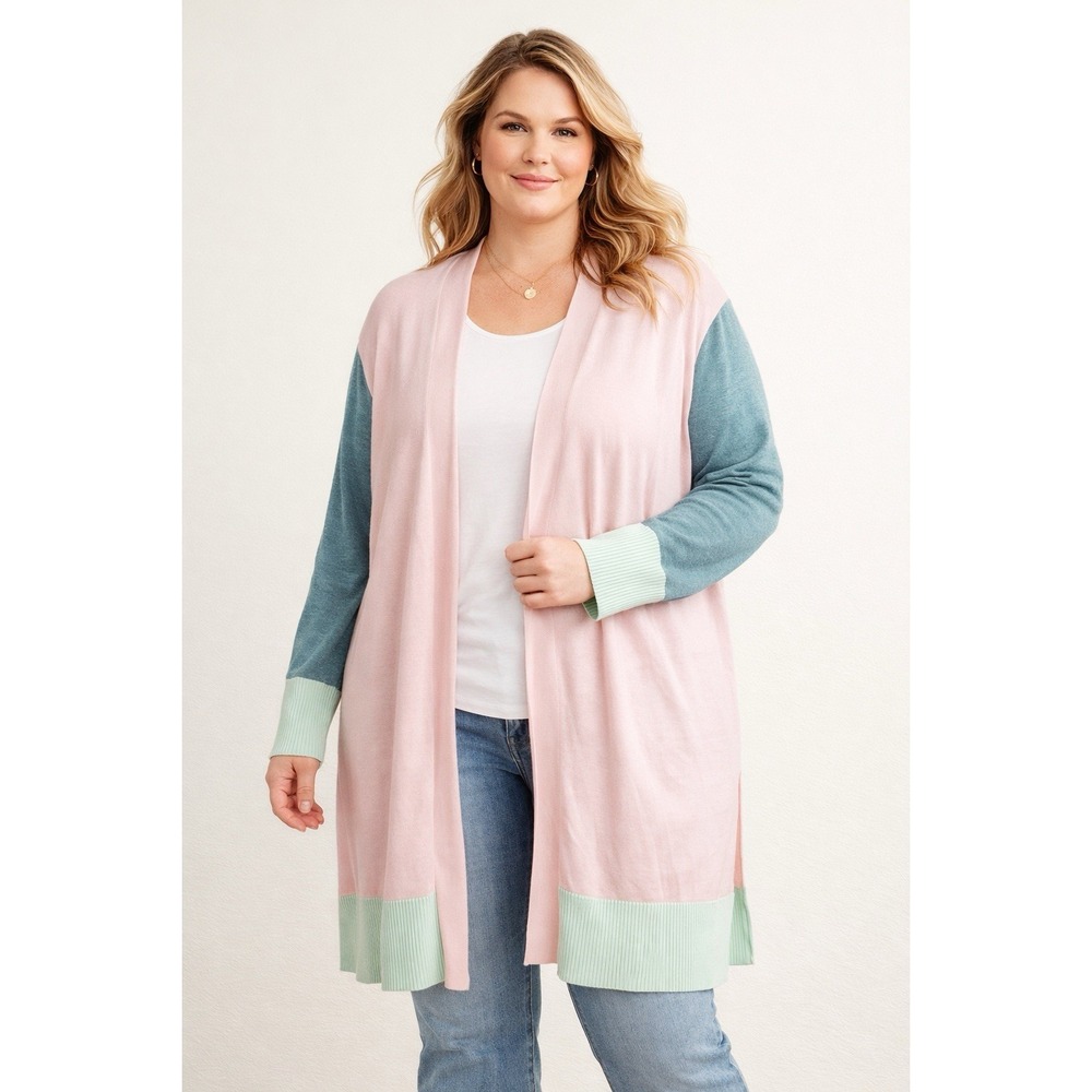 Lands‎ End Colorblock Long Cardigan Sweater Open Front Pink Teal Mint 3X
